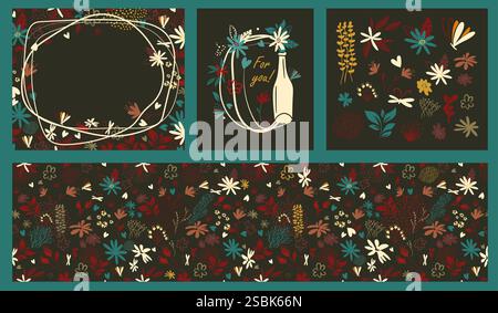 Set von Postkarten mit Blumen. Handzeichnung. Nicht AI, Vektorillustration Stock Vektor