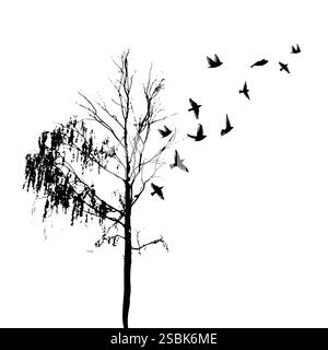 Birkenbaum-Silhouette mit fliegenden Vögeln. Naturzeichnung. Keine Illustration des AI-Vektors. Stock Vektor