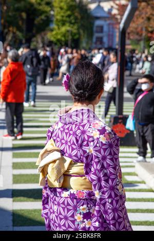Ältere Frau in lila japanischem Kimono im Senso-JI-Tempel in Asakusa, Tokio, Japan Stockfoto