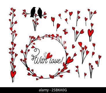 Zwei Vögel mit Herzen. Mit Liebe Set aus Elementen mit Herzen. Happy Valentinstag Karte. Handgezeichnet. Nicht AI, Vektorillustration. Stock Vektor