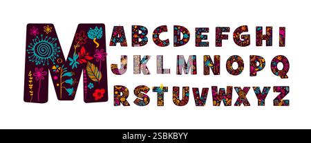 Alphabet der Blumen. Handgezeichnet. Nicht AI, Vektorillustration Stock Vektor