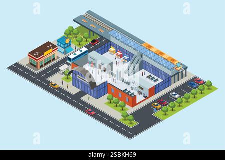 Eine Vektorillustration des isometrischen Bahnhofs öffentlicher Verkehrsmittel Stock Vektor