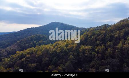 Weite Wälder mit sanften Hügeln unter bewölktem Himmel schaffen eine ruhige und majestätische Landschaft in Chiang Mai Thailand. Stockfoto