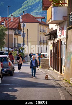 Leute laufen in den Straßen von Agerola, Italien. Frau Wanderhund in der Via Antonio Coppola, San Lazzaro, Agerola, Kampanien, Italien. Agerola ist eine Gemeinde in der Metropolitanstadt Neapel in der italienischen Region Kampanien, etwa 35 km südöstlich von Neapel. Es ist Teil der Amalfiküste. Die Gemeinde Agerola umfasst die Frazioni (Unterteilungen, hauptsächlich Dörfer und Weiler) Bomerano, Campora, Pianillo (Gemeindesitz), Ponte, San Lazzaro, und Santa Maria. Stockfoto