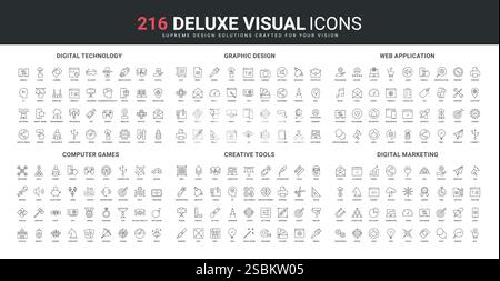 Kreative Grafikdesign-Tools, Videospiele für Computer und Konsole, Symbolsatz für Marketinglinien. Digitale Technologie, Wireframe-Entwicklung der Web-App dünne schwarze Umrisssymbole Vektorillustration Stock Vektor