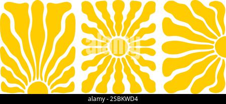 Poster mit groovigem Sonnenmuster. Banner mit gewellten gelben Strahlen. Groovige Tapeten bei Sonnenaufgang oder Sonnenuntergang. Motive im Sommer. Positive Vibes. Illustration der Vektorabwicklung. Stock Vektor