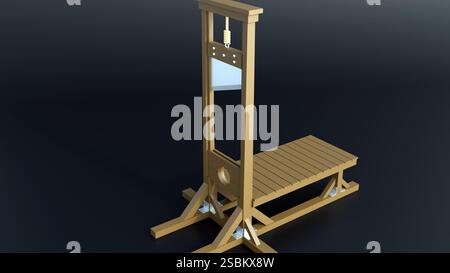 3D-Darstellung der Guillotine. Dieses Gerät ist zur Bestrafung durch Enthauptung bestimmt. Ein hoher, hölzerner Rahmen mit einer schweren Klinge, die oben aufgehängt ist. Stockfoto