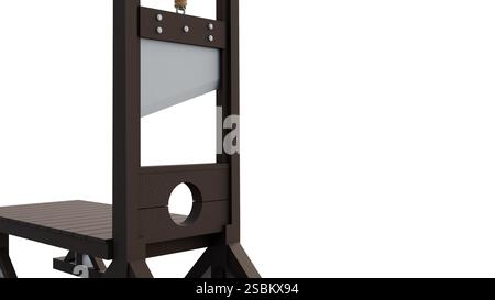 3D-Darstellung der Guillotine. Dieses Gerät ist zur Bestrafung durch Enthauptung bestimmt. Ein hoher, hölzerner Rahmen mit einer schweren Klinge, die oben aufgehängt ist. Stockfoto