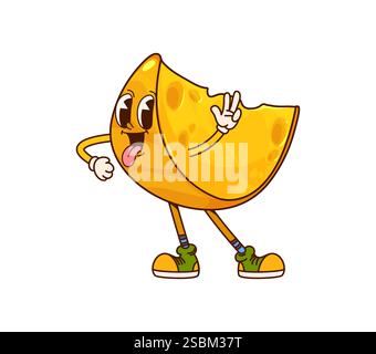 Groovige Comic-Käsefigur mit lustigem Gesicht und albernem Lächeln, Vektor-Comic-Emoji. Grooviges Käseklumpenstück mit Löchern und leckerer Zunge und hipp Stock Vektor
