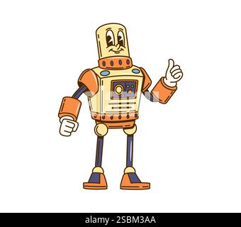 Cartoon-grooviger Vintage-Roboter, glücklicher Charakter. Alien Cyborg oder AI bot Retro isolierte Vektorcharakter. Mechanisches humanoides android Happy Maskottchen, Vintag Stock Vektor