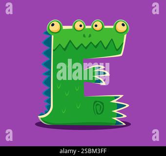 Halloween Schriftart Buchstabe E gruselige Monster Figur. Verrückte Fantasy-Kreatur ABC-Schriftsatz-Element, gespenstische Alien-Tier-Vektor-Schriftbuchstaben oder dumme Horror-cr Stock Vektor