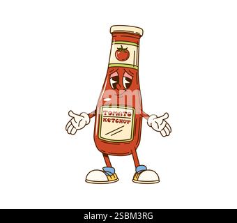 Cartoon groovige Tomaten Ketchup Soße Charakter mit lustigem Gesicht, Vektor Comic Flasche. Groovige Ketchup-Glasflaschenfigur mit Happy Lächeln für schnelles Fo Stock Vektor