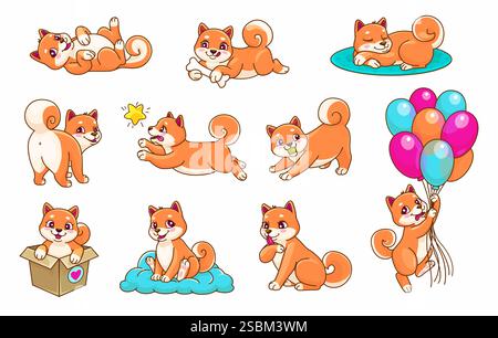 Cartoon Shiba Inu Hund und Welpen Haustier Charaktere, Vektor süße Kawaii Persönlichkeiten. Japanische Shiba Inu Welpen spielen mit Ball und Ballons, Katze Stock Vektor