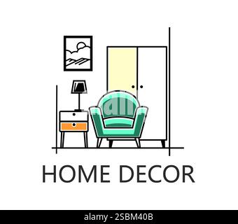 Home Interior Icon mit modernem grünen Sessel, Beistelltisch mit Lampe, Kleiderschrank und gerahmtem Bild an der Wand. Vektoremblem für Innenraum des Stock Vektor