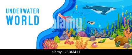 Ozeanarium oder Unterwasser-Weltparkbanner mit Meerestieren am Ozean-Bodenlandschafthintergrund mit Vektor-3D-Papierschnitt-Grenze. Comic Fellsiegel, quadratisch Stock Vektor