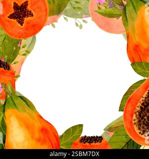 Dieser farbenfrohe Aquarellrahmen zeigt lebendige Papayas und üppige tropische Blätter, ideal für kreative Designs. Isolierte Aquarellgrafik auf weißem Hintergrund für verschiedene Designs und Drucke. Stockfoto