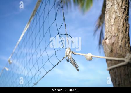 Beachvolleyballnetz an einen Baum gebunden, aus nächster Nähe. Erholung oder Urlaub nach dem Strandkonzept. Stockfoto