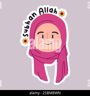 Subhanallah Muslimah Frau weibliches Mädchen Charakter trägt rosa Hijab Islam Religion Avatar lächelnd glückliche fröhliche Gesichtsausdruck Text Emoji Sticker Stock Vektor