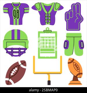 American Football Sport Rugby Set Trikot Schulterpolster Weste gepolsterte kurze Uniform Kleidung Clipboard Strategie Coaching Planung große riesige Schaumhand Stock Vektor
