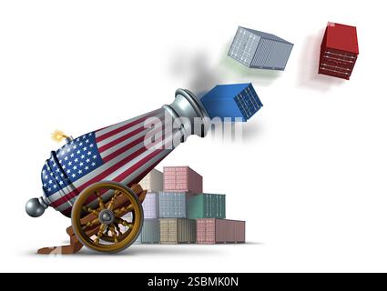 Handelskrieg Symbol des wirtschaftlichen Angriffs als Kanone, die die US-amerikanische und amerikanische Zollpolitik als Finanzwaffe mit Frachtcontainern repräsentiert. Stockfoto