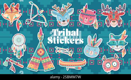 Zeichentrickfilm lustige niedliche Stammes Tier Zeichen Aufkleber Pack, Vektor Icons Set. Tiere und Vögel in Indianerfedern oder indianischen Ureinwohnern Stock Vektor