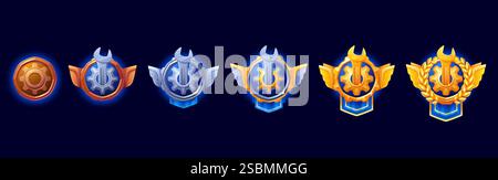 Medaille auf Ingenieur-Ebene, Abzeichen für Spielrangliste. Vektorfortschritt mechanischer Leistungstrophäen mit Zahnrädern, Schraubenschlüsseln und Flügeln von Bro Stock Vektor