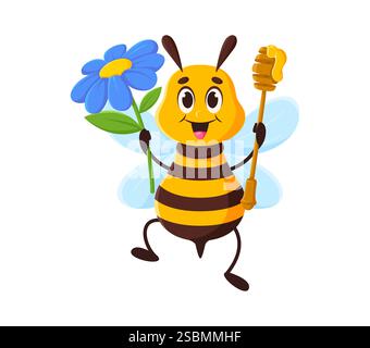 Zeichentrickfigur Honigbiene, süßes Honigbienentier-Maskottchen mit blauer Blume und Honiglöffel. Vektorfliegende Bieneninsektenfigur mit glücklichem Expressio Stock Vektor