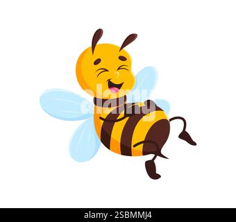 Cartoon Honigbiene Charakter, süßes Honigbienentier Maskottchen mit fröhlichem, entzückendem Ausdruck und hellen schwarzen und gelben Streifen. Isolierter Vektorflug Stock Vektor