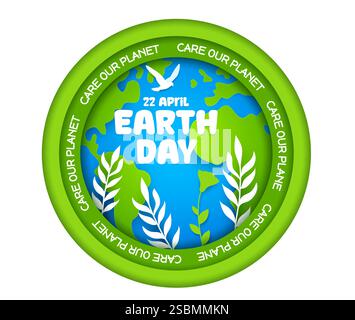 Papier geschnittene Erde-Tagesbanner mit blauem Globus, umgeben von weißen Blättern, Taube und grüner, kreisförmiger 3D-Rand mit dem Text Care Our Planet, Symbol Stock Vektor
