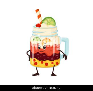 Cartoon lustige Cocktail Dessert Fast Food Charakter. Isolierte Vektorgetränk-Persönlichkeit in mauerglas mit lebendigen Schichten, Beeren, Limettenscheiben, Peitsche Stock Vektor