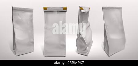 Kaffeebeutel Mockups, isoliert auf weiß. Vektor-realistische Illustration der versiegelten Silberfolie für Tee, Snacks oder Kekse, 3D-Lebensmittelpackungen vorne, Seitenansicht mit Schatten, leerer Platz für Branding Stock Vektor