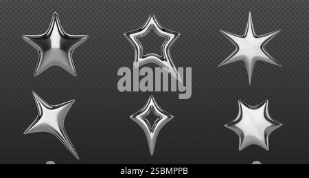 Sternen-Kollektion aus Metallic Chrom – silberne 3D-Formen mit reflektierenden Oberflächen, geometrische Elemente im y2k-Stil, hohle und solide dekorative Objekte mit glänzender Oberfläche auf dunklem transparentem Hintergrund. Stock Vektor