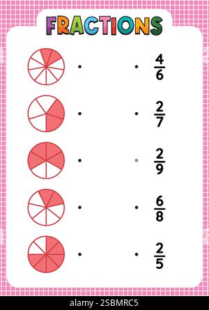 Abbildung von Brüchen mit Kreisdiagrammen und Zahlen Stock Vektor