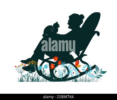Oma auf einem Schaukelstuhl mit einer Katze. Alte Frau im Ruhestand im hölzernen Schaukelstuhl. Handgezeichnet. Nicht AI, Vektorillustration Stock Vektor