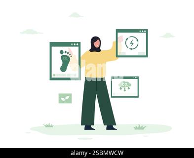 CO2-neutral. Die Menschen berechnen Emissionen aus Fabriken. Kohlenstoffarmes und umweltverträgliches Konzept. Netto Null. Vektorabbildung in flach Stock Vektor