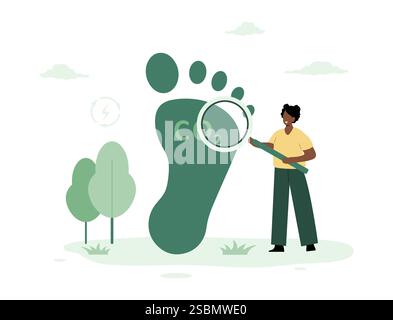 CO2-neutral. Kohlendioxid-Fußabdruck, Umweltverschmutzung. Klimawandel. Netto Null. Afrikanische weibliche Figur mit Lupe. Vektorabbildung Stock Vektor