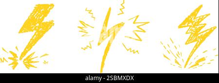 Set von Blitz durch Wachsstift Zeichnung. Sammlung von handgezeichneter Kreide, Lichthupen, Doodle Donner Bolts, goldenen Designelementen Stock Vektor