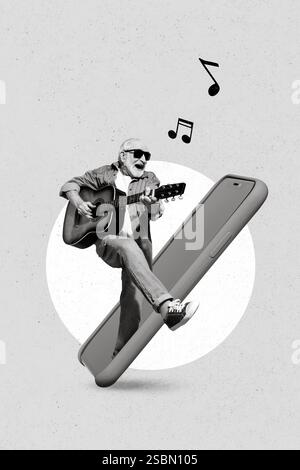 Kreative 3D-Fotocollage Grafikmalerei eines sorgenfreien alten Mannes, der Gitarre spielt, modernes Gerät isolierter Zeichnungshintergrund Stockfoto