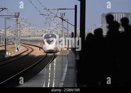 Peking, Chinas Provinz Zhejiang. Februar 2025. Passagiere warten am Bahnhof Hangzhou East in Hangzhou, ostchinesischer Provinz Zhejiang, 4. Februar 2025 auf den Zug. China hat am Dienstag eine Zunahme der Passagierreisen erlebt, da die diesjährigen Frühlingsfesttage zu Ende gehen Quelle: Huang Zongzhi/Xinhua/Alamy Live News Stockfoto