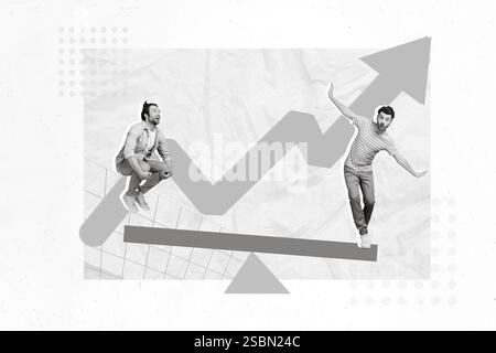 Kreative Fotocollage von lustigen positiven Menschen, die Balance über den Finanzmarkt halten, die Wirtschaft zu erhöhen, isoliert auf weißem Hintergrund Stockfoto