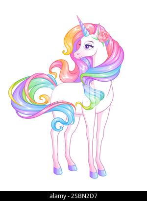 Wunderschönes Einhorn mit Regenbogenmähne. Illustration des Zeichentrickvektors. Stock Vektor