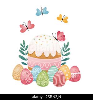Osterkuchen mit Glasur umgeben von dekorierten Eiern, grünen Blättern und Schmetterlingen. Niedliche Zeichentrickillustration. Osterfeier und Weihnachtsgestaltung Stock Vektor