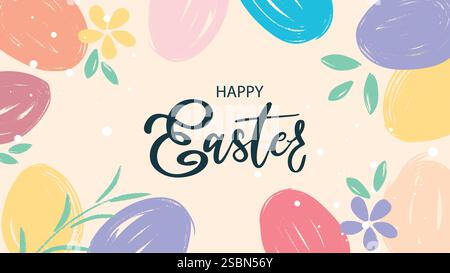 Horizontaler Feiertagsbanner „Happy Easter“. Vorlage mit bunten Eiern und handgeschriebenem Gruß. Text, Eier und botanische Motive. Vektorgrafiken Stock Vektor