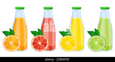 Orange, Grapefruit, Zitrone, frischer Limettensaft in Glasflaschen. Vektor flache Zeichentrickillustration isoliert auf weißem Hintergrund. Zitrusfrüchte und tropische Früchte Stock Vektor