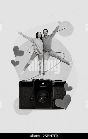 Kreatives Poster Postkartenzeichnung glücklicher positiver Menschen Ehefrau Ehemann Foto isoliert auf gemaltetem Hintergrund machen Stockfoto