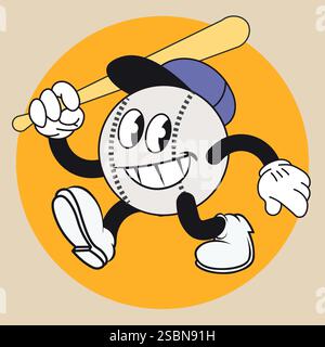 Baseball-Maskottchen, Vintage-Zeichentrickfigur, Vektor-Logo, Design-Konzept für Sportaufkleber Stock Vektor