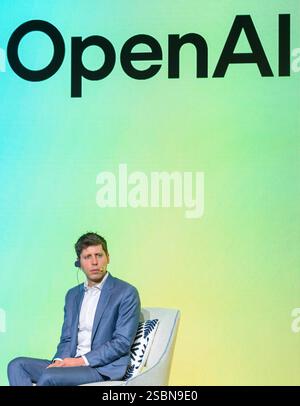 Seoul, Südkorea. Februar 2025. Sam Altman, CEO von Open AI, spricht während des Kakao Media Day. Der südkoreanische Technologiegigant Kakao Corp. Gab am 4. Februar eine Partnerschaft mit OpenAI bekannt, um ChatGPT für seinen neuen KI-Dienst zu nutzen und sich einer globalen Allianz unter der Leitung des US-amerikanischen KI-Unternehmens anzuschließen, die sich im Zuge des zunehmenden Wettbewerbs auf dem globalen KI-Markt verstärkt. (Foto: Kim Jae-Hwan/SOPA Images/SIPA USA) Credit: SIPA USA/Alamy Live News Stockfoto