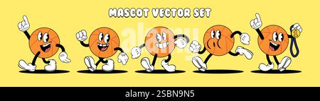 Set aus Basketball-Maskottchen im Vintage-Zeichentrick. Verschiedene Posen und Ausdrücke. Stock Vektor