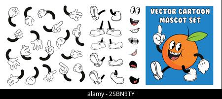 Vector 1940er Jahre Stil Vintage Cartoon Maskottchen Set: Hände, Beine und Gesichter Stock Vektor