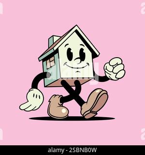 Vintage-Comic-House-Maskottchen, spazieren und lächeln, klassischer Comic-Charakter der 1940er Jahre Stock Vektor